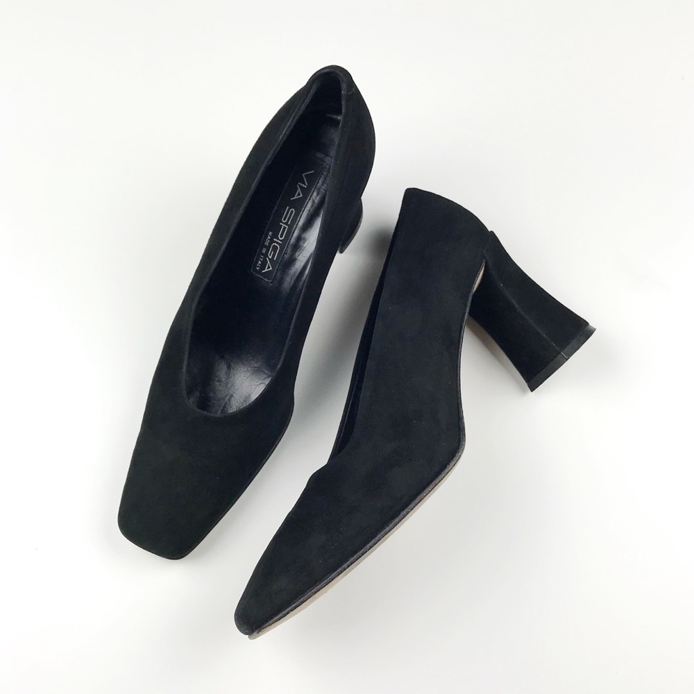 Via Spiga Black Suede Square Toe Chunky Heel Pumps